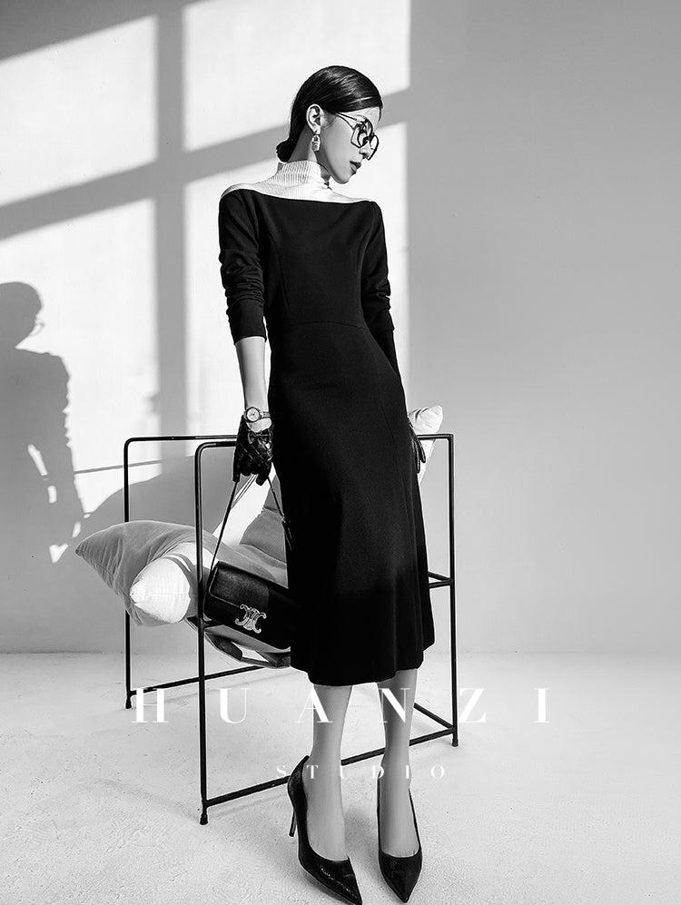 Huanzi new elegant classic black high turtle neck dress - Kios