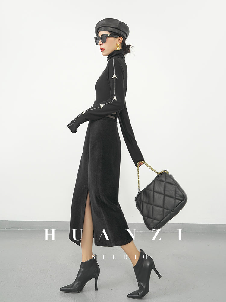Huanzi new French velvet fashionable high waist slim and small slit skirt female- Elvin