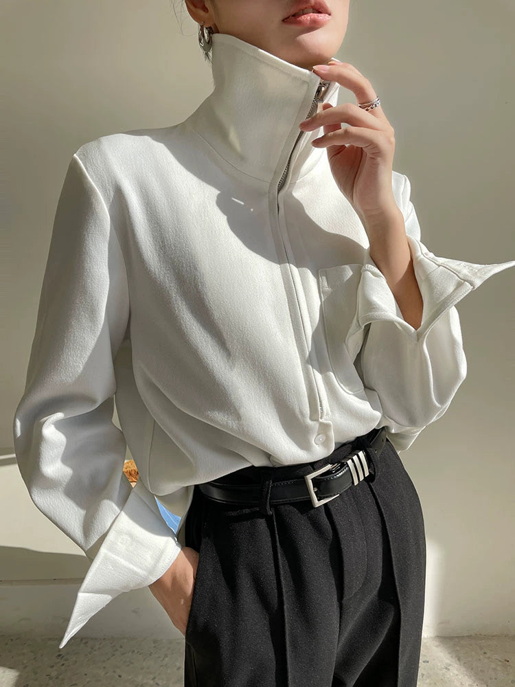 Half zipper white shirt women's autumn shirt- Tiloba