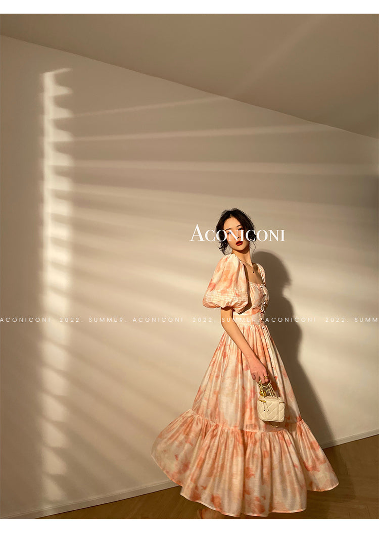 Aconiconi|Romantic elegant French puff sleeve off-shoulder high-end midi dress - Flower Moon