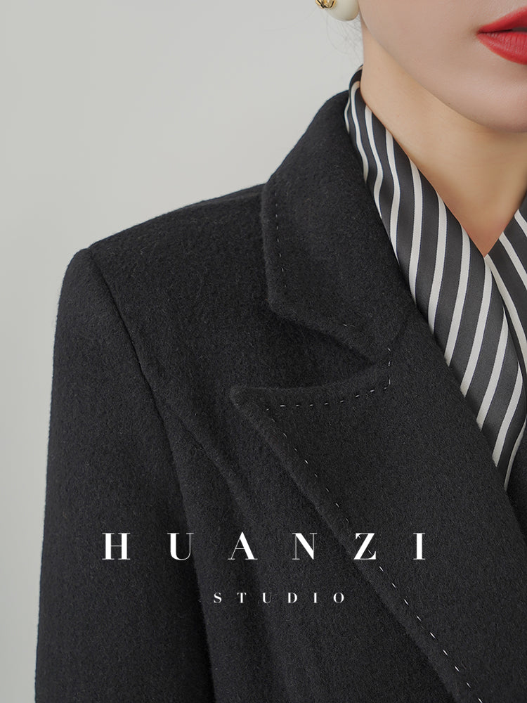 Huanzi custom double-sided cashmere coat women's black woolen coat fishtail slim fit and thin- Baty