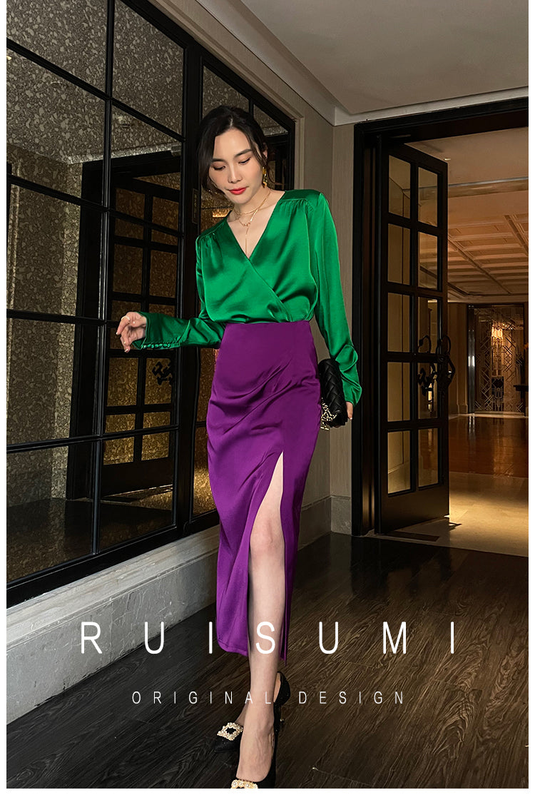 Retro jewel green V-neck shirt top + pencil slit pleated purple skirt suit set - Natu