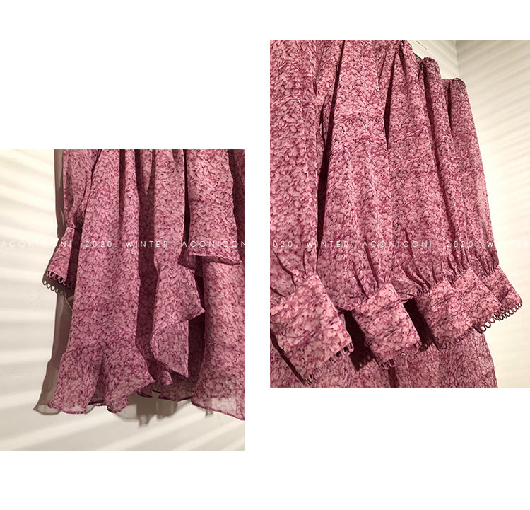 Aconiconi|French style elegant printed floral chiffon summer dress - Nikol