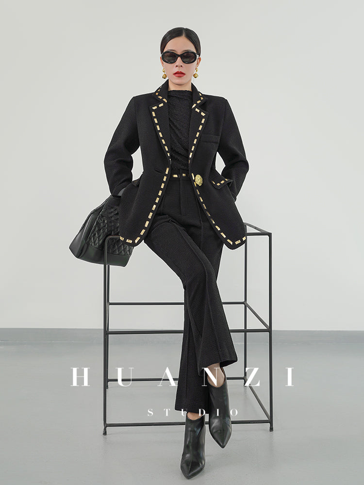 Huanzi new handmade micro-wide suit jacket with back slit straight-leg micro-launched trousers suit set- Emera
