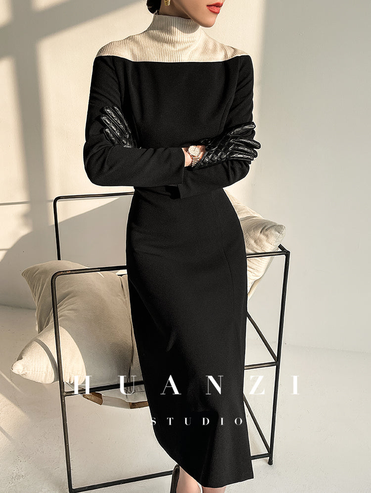 Huanzi new elegant classic black high turtle neck dress - Kios