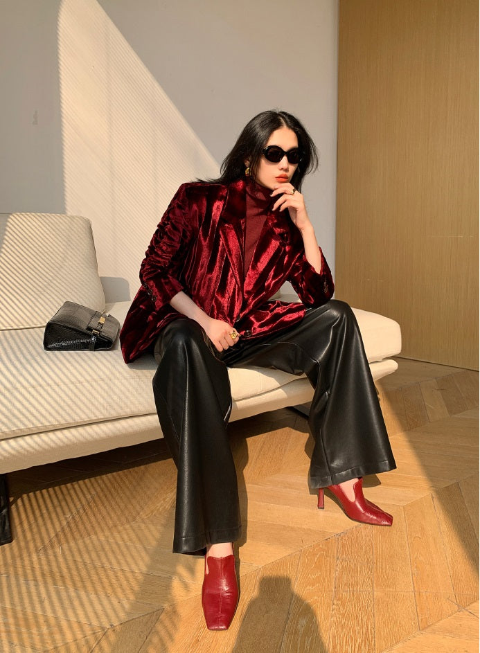 WANXO wine red acetate velvet suit jacket new high-end silhouette coat- Serena