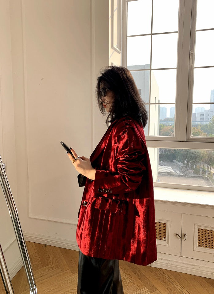 WANXO wine red acetate velvet suit jacket new high-end silhouette coat- Serena
