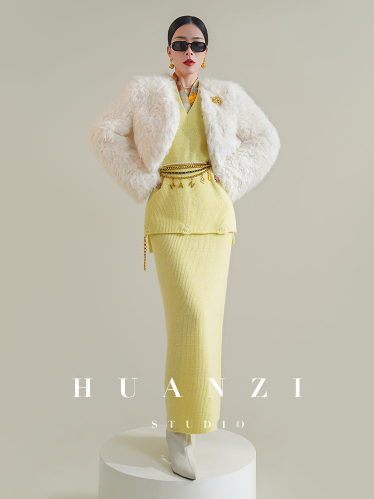 Huanzi custom knitted elegant fashion minimalist lazy V-neck suit fishtail skirt vest cardigan autumn and winter women