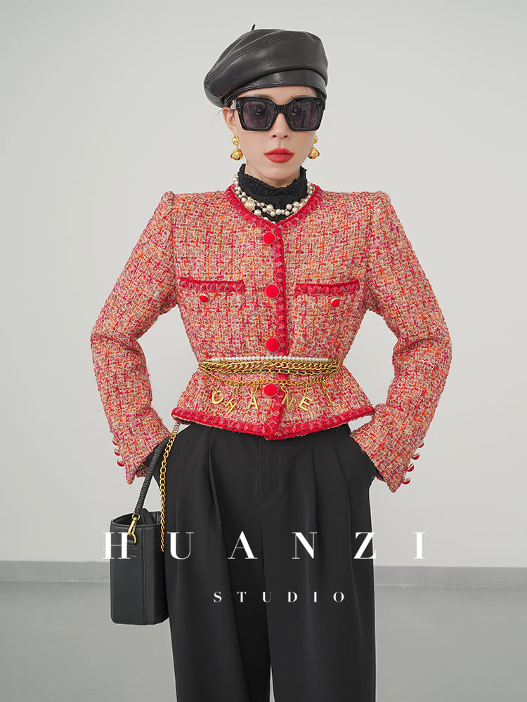 Huanzi custom 2022 autumn and winter new high-definition handmade red tweed temperament lady style small fragrant wind jacket female