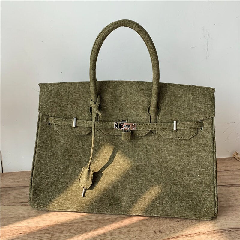 Army green retro birkin inspired canvas weekender overnight weekend travel bag fashion high street travel handbag