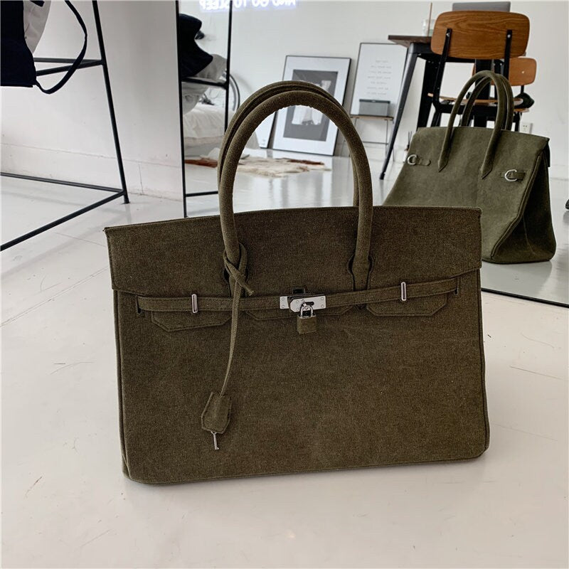 Army green retro birkin inspired canvas weekender overnight weekend travel bag fashion high street travel handbag
