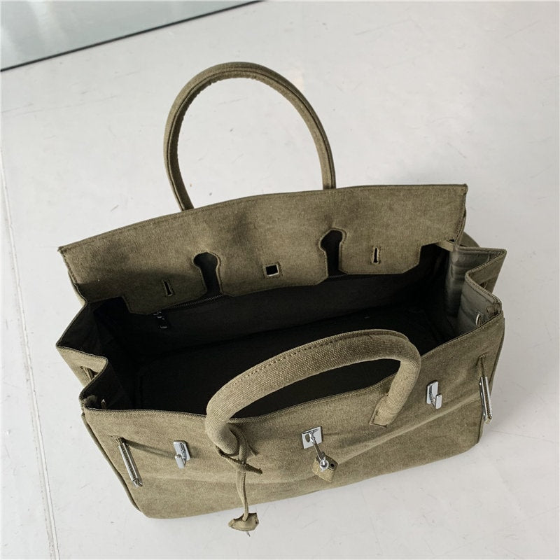 Army green retro birkin inspired canvas weekender overnight weekend travel bag fashion high street travel handbag