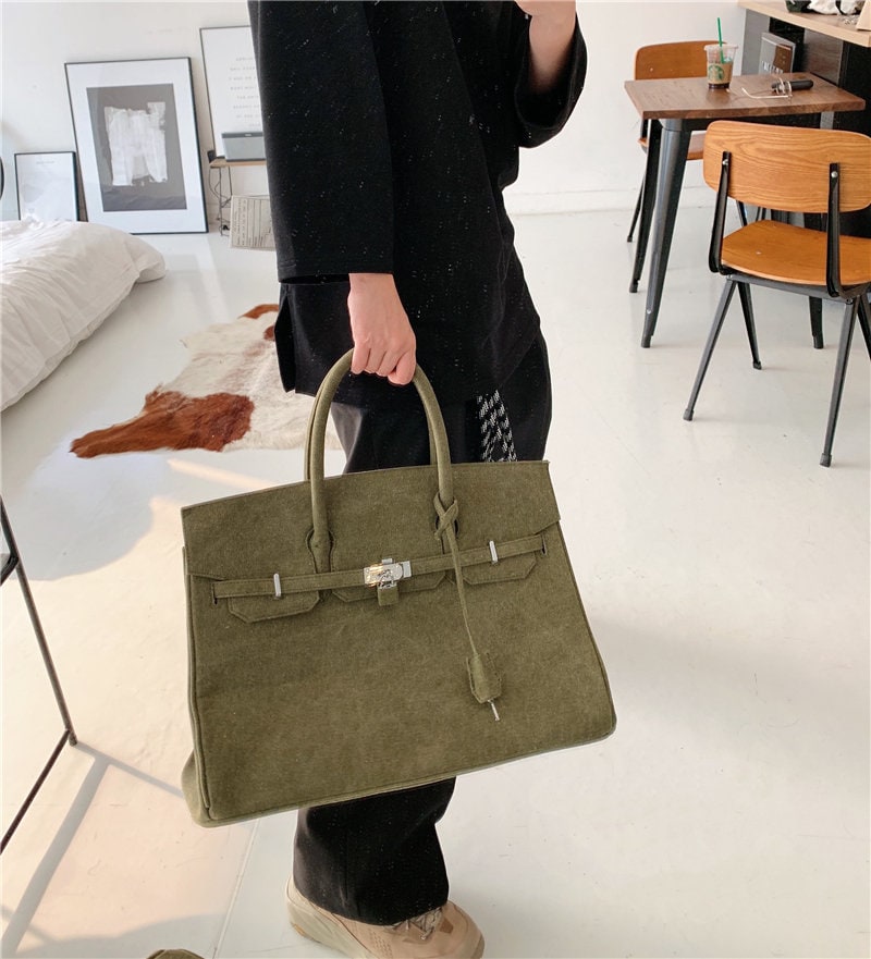 Army green retro birkin inspired canvas weekender overnight weekend travel bag fashion high street travel handbag