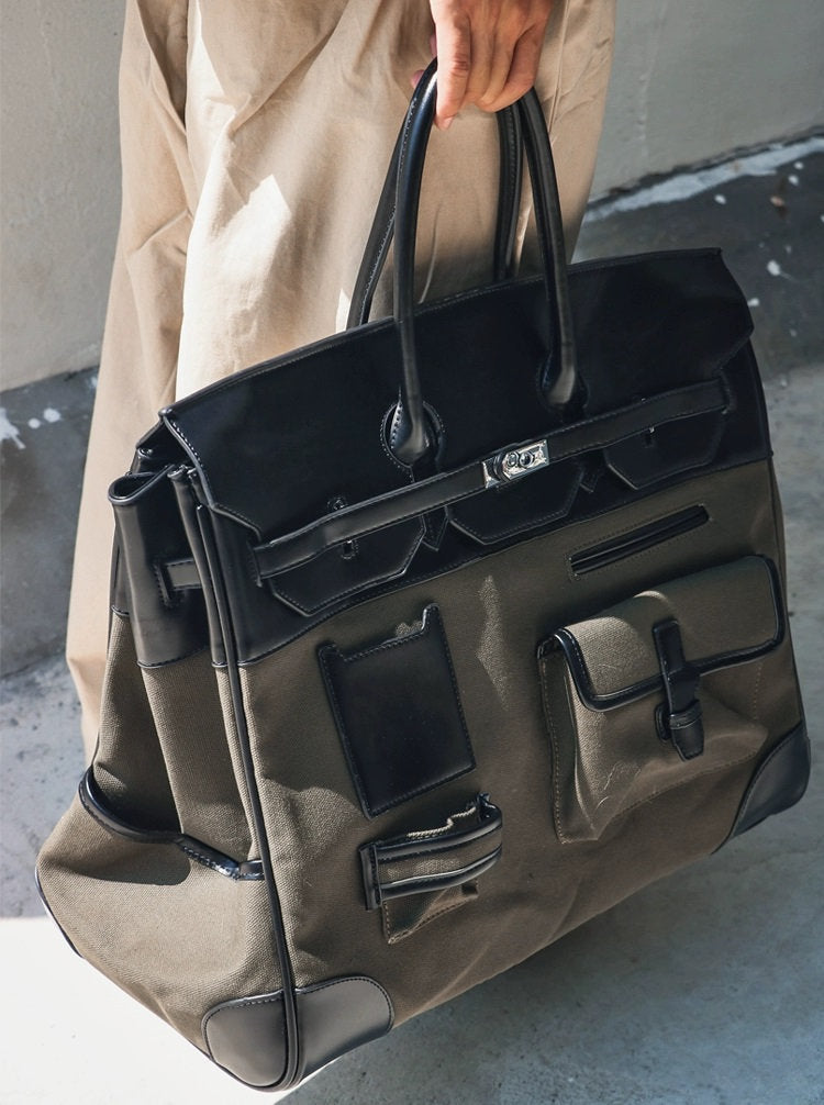 Army green Retro birkin inspired handmade canvas buckle men business travel tote women's weekender travel overnight weekend handbag