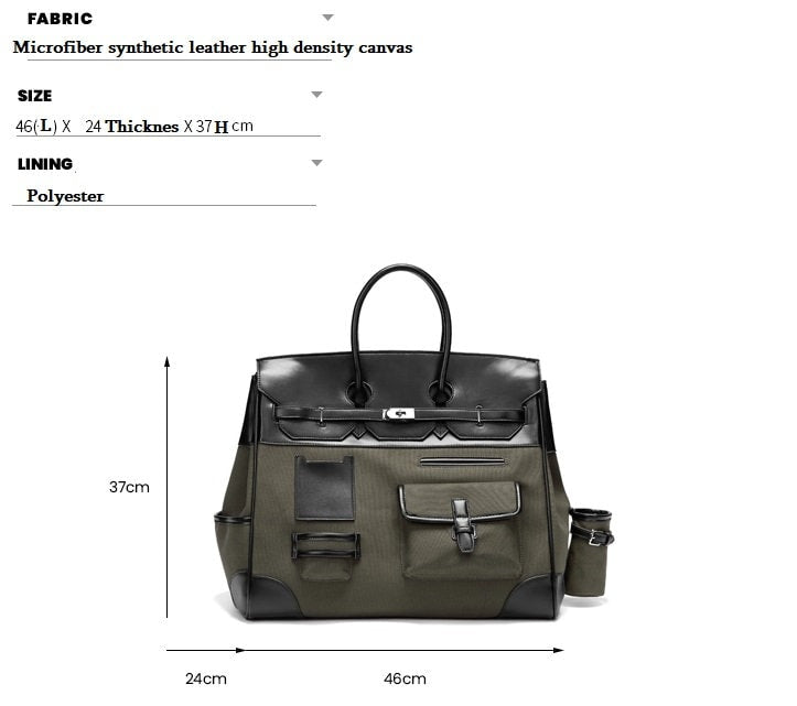 Army green Retro birkin inspired handmade canvas buckle men business travel tote women's weekender travel overnight weekend handbag