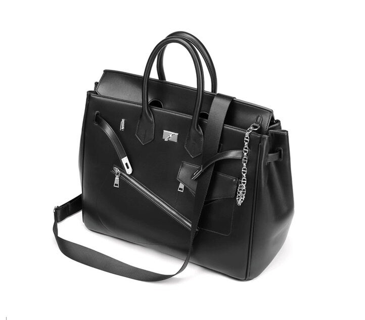 Retro birkin inspired handmade PU Leather Black tote buckle men/women's weekender travel overnight weekend handbag