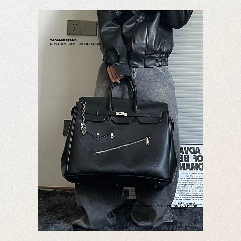 Retro birkin inspired handmade PU Leather Black tote buckle men/women's weekender travel overnight weekend handbag