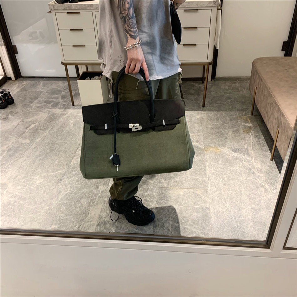 Army green Retro birkin inspired handmade canvas leather tote leather buckle men/women's weekender travel overnight weekend handbag Inactive carryon mens weekender bag