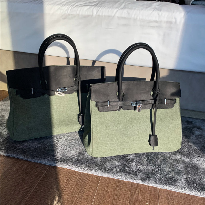 Army green Retro birkin inspired handmade canvas leather tote leather buckle men/women's weekender travel overnight weekend handbag Inactive carryon mens weekender bag