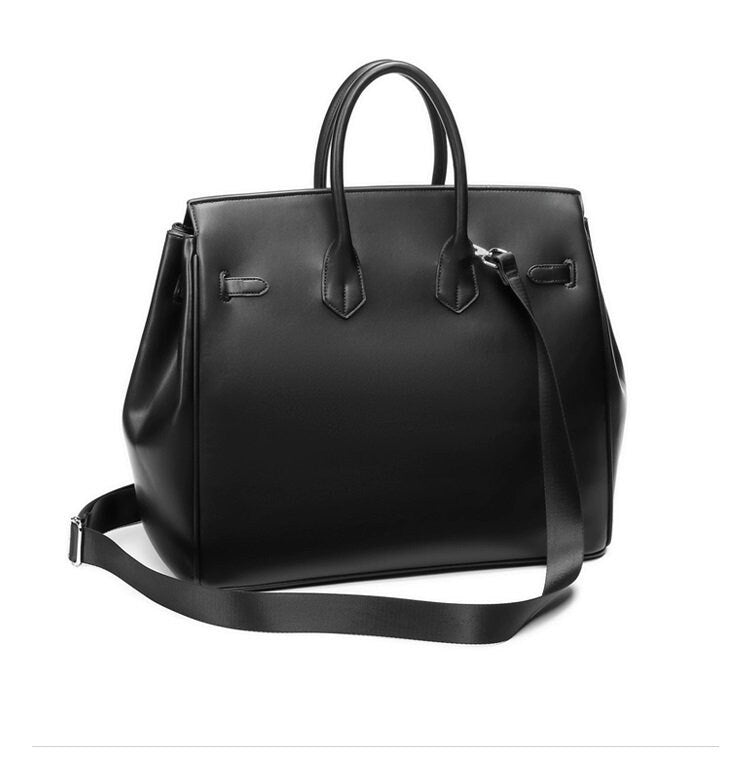 Retro birkin inspired handmade PU Leather Black tote buckle men/women's weekender travel overnight weekend handbag
