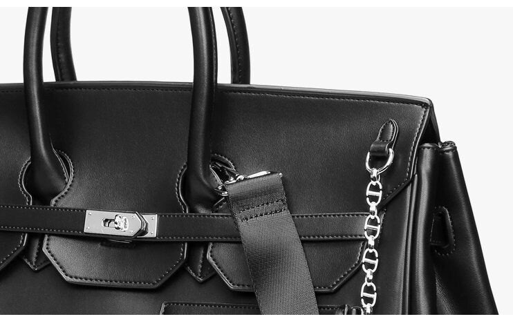 Retro birkin inspired handmade PU Leather Black tote buckle men/women's weekender travel overnight weekend handbag