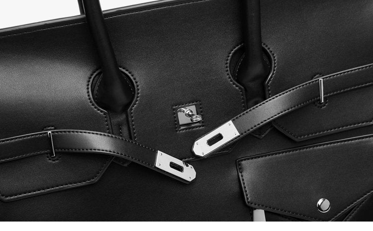 Retro birkin inspired handmade PU Leather Black tote buckle men/women's weekender travel overnight weekend handbag