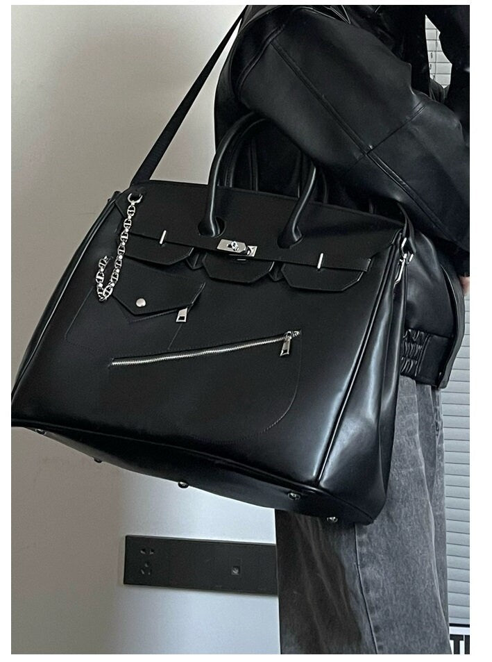 Retro birkin inspired handmade PU Leather Black tote buckle men/women's weekender travel overnight weekend handbag