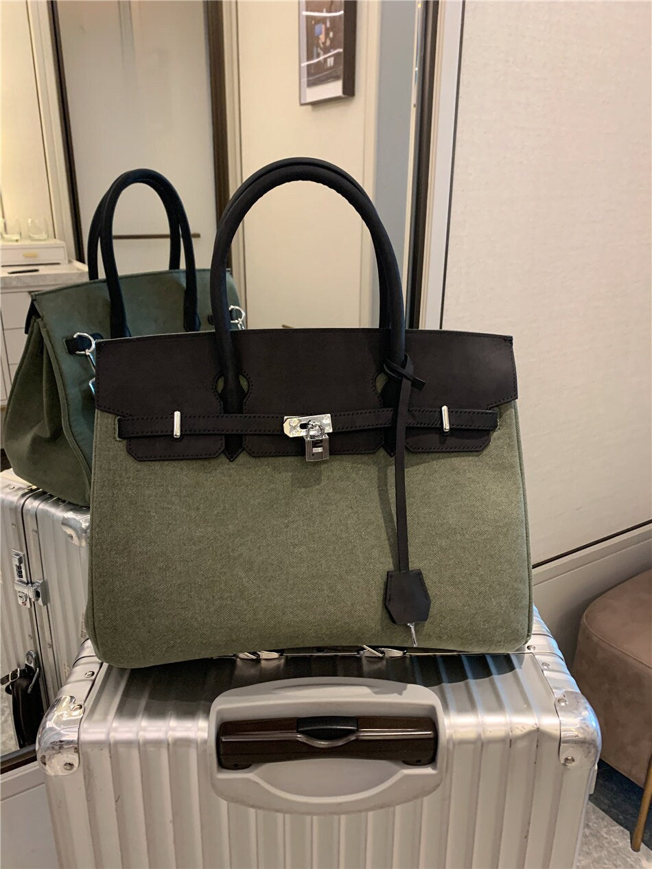 Army green Retro birkin inspired handmade canvas leather tote leather buckle men/women's weekender travel overnight weekend handbag Inactive carryon mens weekender bag