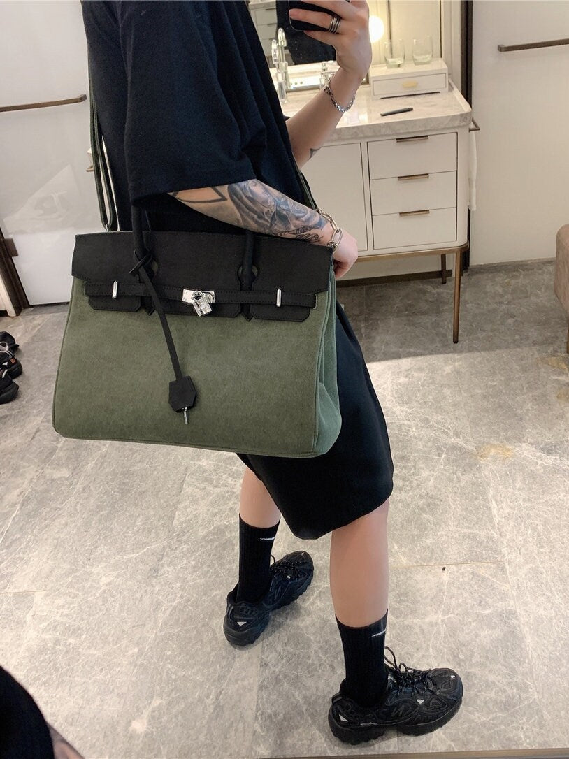 Army green Retro birkin inspired handmade canvas leather tote leather buckle men/women's weekender travel overnight weekend handbag Inactive carryon mens weekender bag