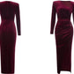 DOLLY Elegant Burgundy V-Neck Long Sleeve Velvet Long Slit Formal Dinner Dress-HAZEL