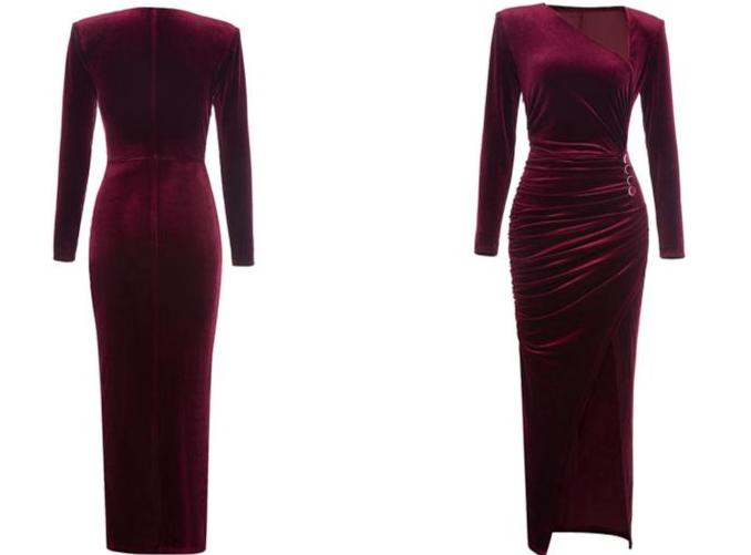 DOLLY Elegant Burgundy V-Neck Long Sleeve Velvet Long Slit Formal Dinner Dress-HAZEL