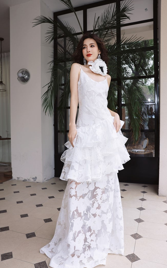 DOLLY Elegant White Flower Embroidery Lace Ruffle Layered Dinner Dress-DAISY  (V)