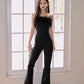 DOLLY High End Black Sleeveless Feather Tube Top Long Flared Pant Jumpsuit- Poel