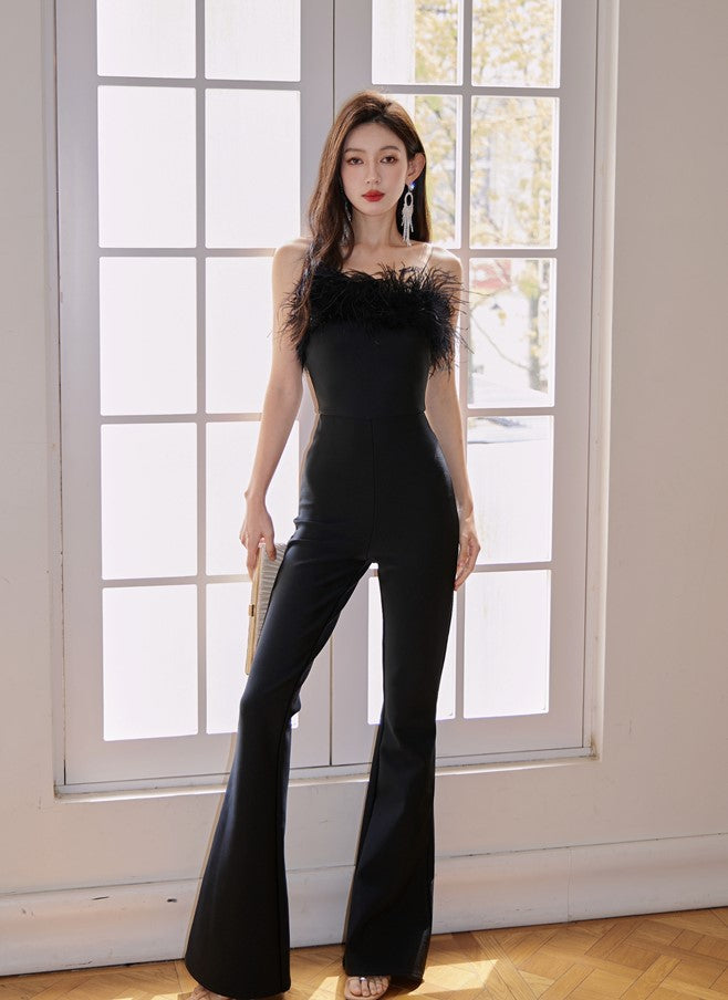 DOLLY High End Black Sleeveless Feather Tube Top Long Flared Pant Jumpsuit- Poel