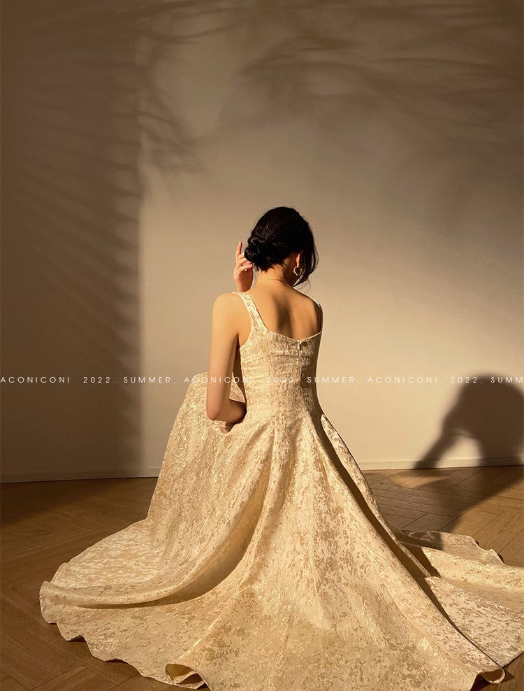 Aconiconi Light luxury gilt French jacquard midi Bridal dress - Twilight