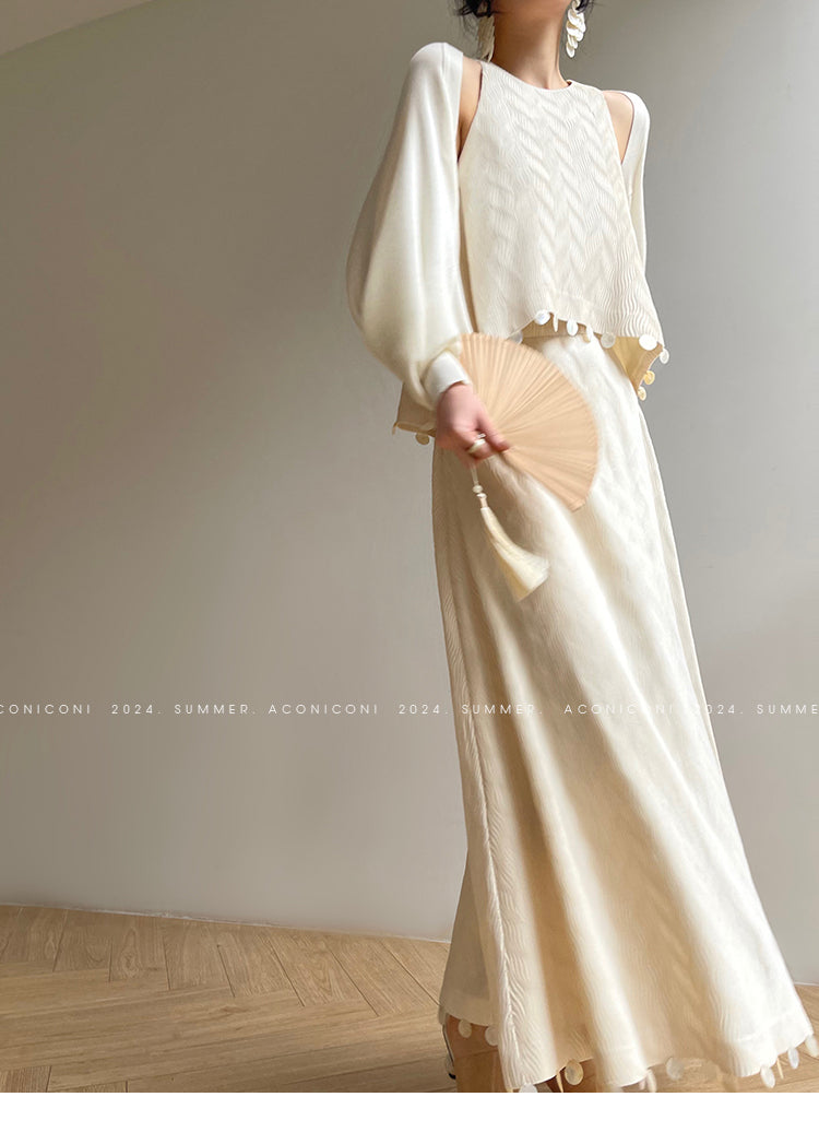 Aconiconi Elegant Beige Crew Neck Top/ High Waist Loose Long Skirt- Sea of Clouds Wind Chime