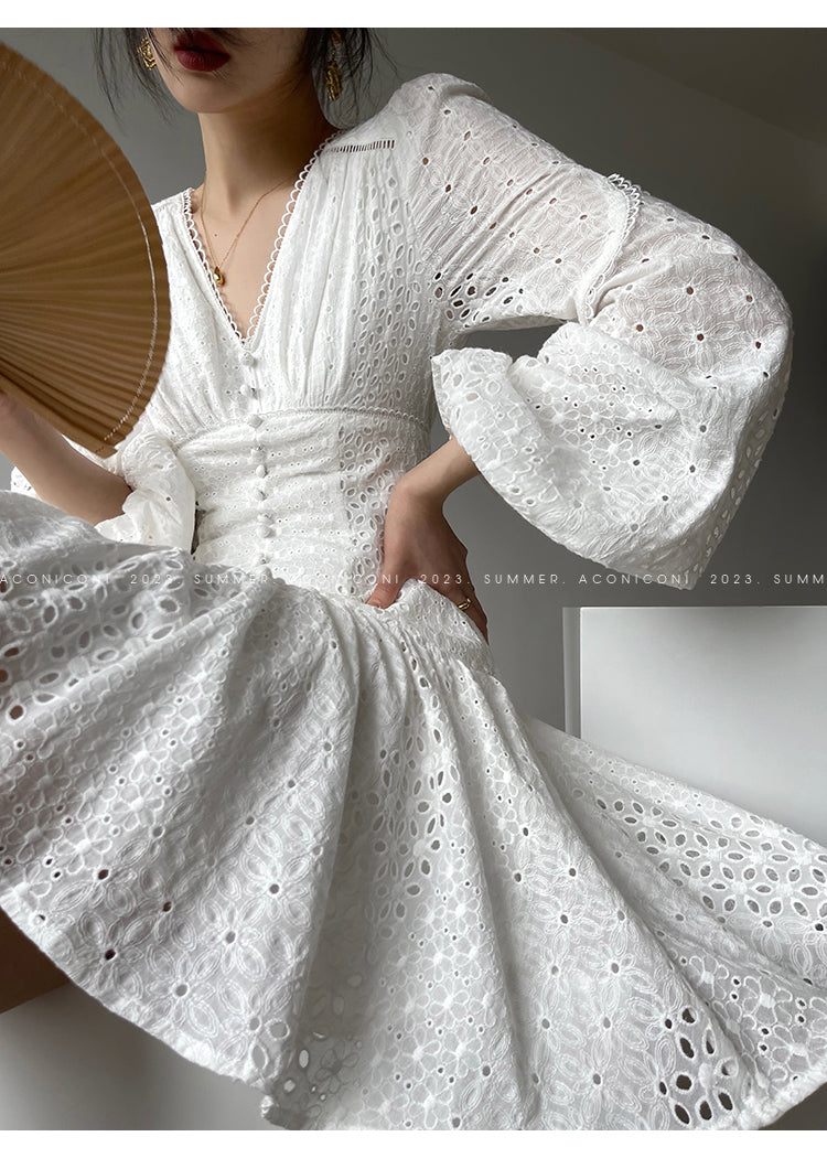 Aconiconi| French coffee break lace cotton white dress - Smoke
