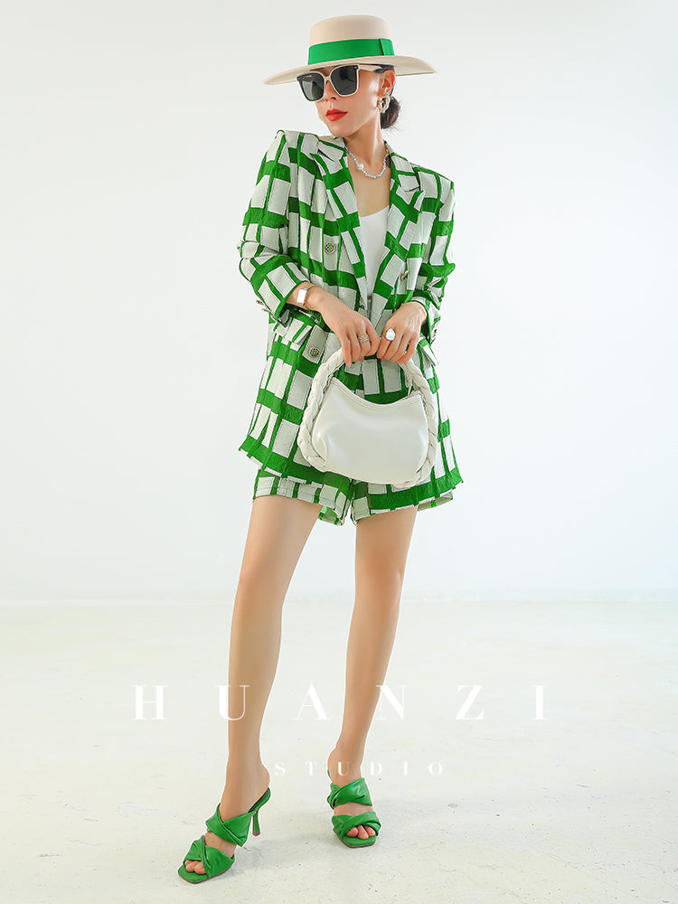 Huanzi jacquard plaid brushed green high waist short shirt - Guk