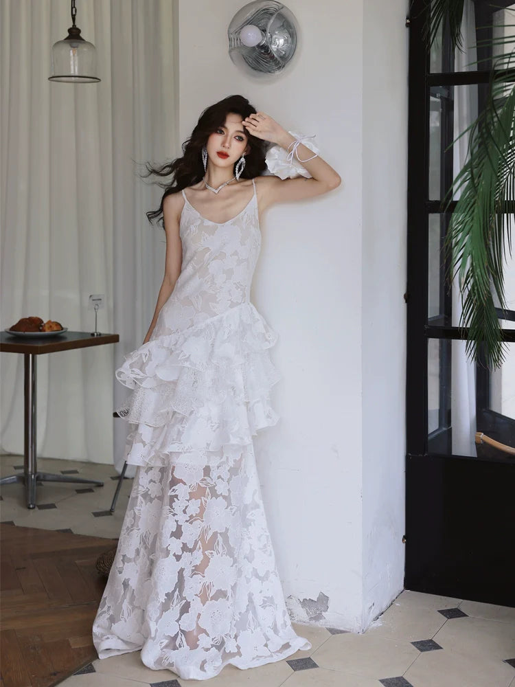 DOLLY Elegant White Flower Embroidery Lace Ruffle Layered Dinner Dress-DAISY  (V)