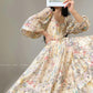 Aconiconi Elegant French Flower Print Puff Sleeve Loose Resort Dress-  Huatian Pear Cloud