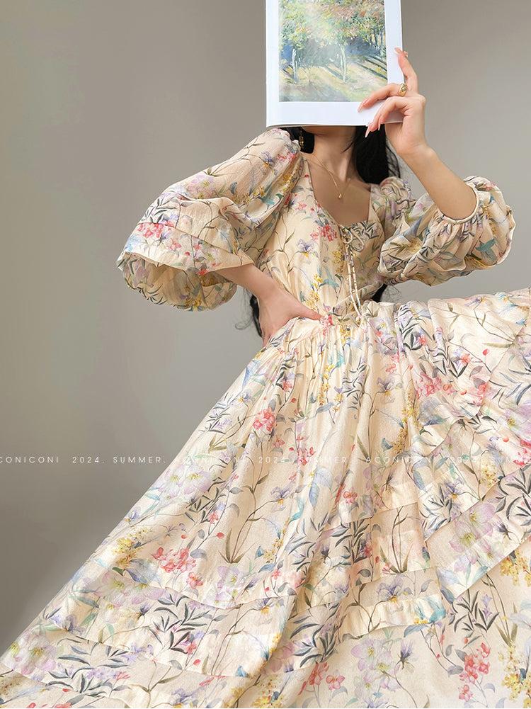 Aconiconi Elegant French Flower Print Puff Sleeve Loose Resort Dress-  Huatian Pear Cloud