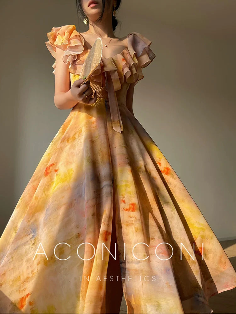 Aconiconi Elegant Oil Painting Square Collar Ruffle cocktail Dress- Floating Light Painting Summer