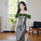 DOLLY Luxury Sliver Retro Style Green Feather Tube Top Long Glitter Party Dress-THEKLA