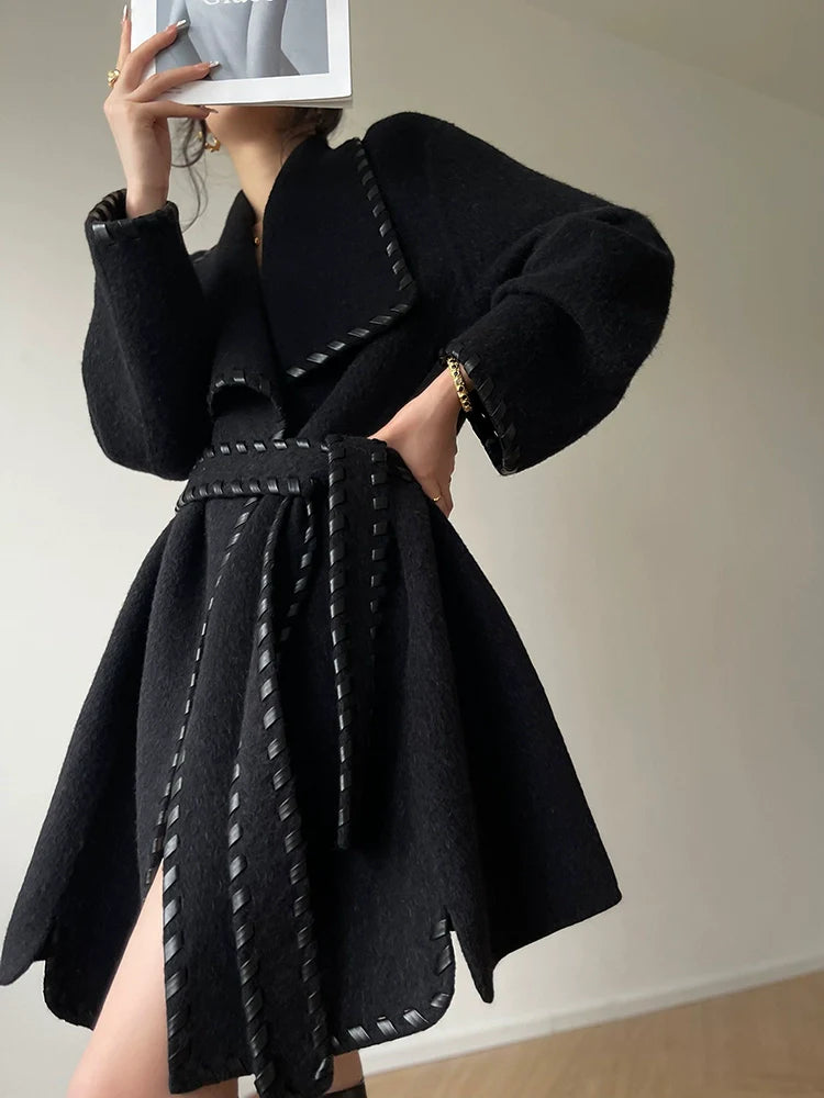 Aconiconi  Long Sleeve Braided Wool Coat- Nocturne of Grass Stream