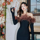 DOLLY High End Black Off Shoulder Long Sleeve Brown Feather Tube Top Dress-ADINA