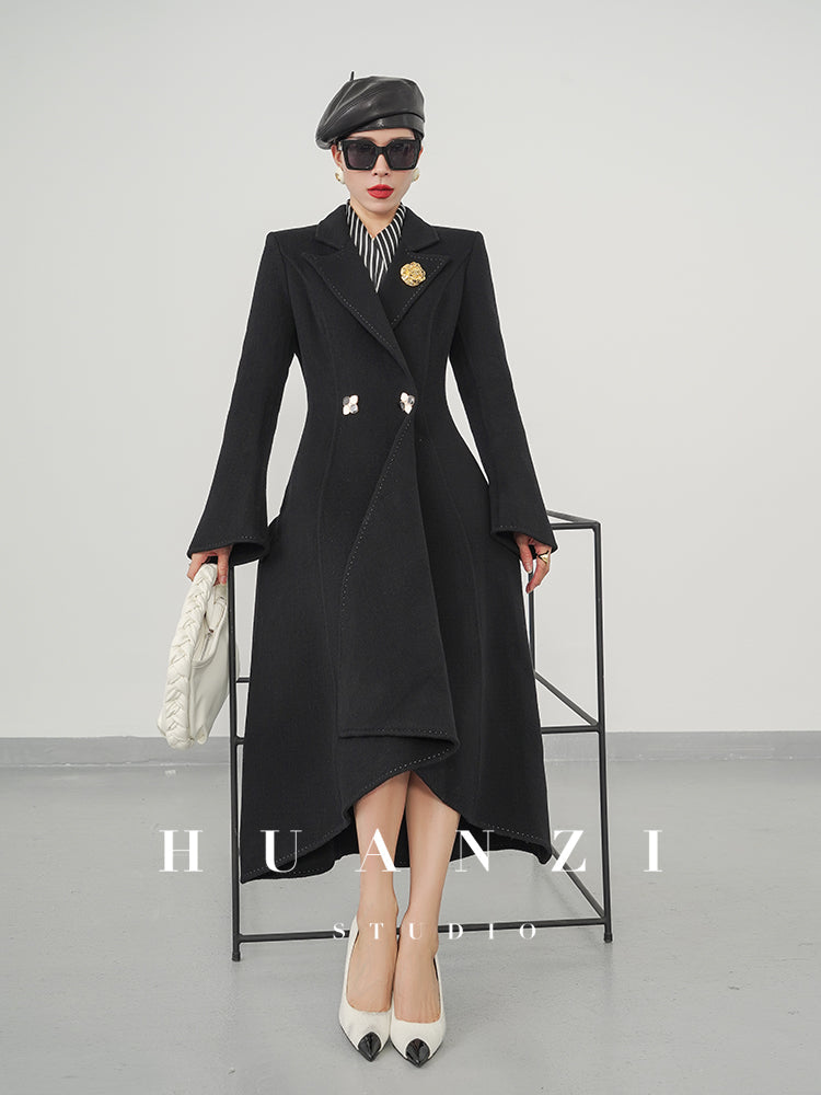 Huanzi double-sided cashmere women's black wool autumn winter coat - Muinw