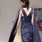 DOLLY Elegant Blue Gray Deep V-Neck Sleeveless Slim Fit Shawl Dinner Dress-KRISTI