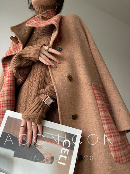 Aconiconi| All-Wool Double-Sided Plaid Checkered Long Coat Winter- Cardamom