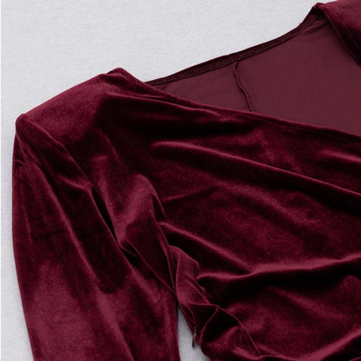 DOLLY Elegant Burgundy V-Neck Long Sleeve Velvet Long Slit Formal Dinner Dress-HAZEL