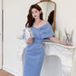 DOLLY Elegant Blue V-Neck Off Shoulder Short Sleeve Belted High Waist Dress-MERCY